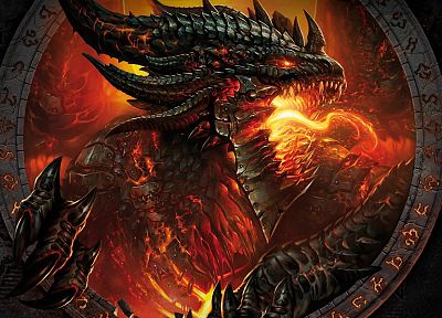 video games, dragons, World of Warcraft, fire, horns, fantasy art, deathwing, artwork, World of Warcraft: Cataclysm - random desktop wallpaper