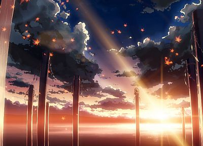 water, sunset, clouds, landscapes, Touhou, leaves, Goddess, sunlight, scenic, maple leaf, lakes, logs, Yasaka Kanako, skyscapes, onbashira, Yuuki Tatsuya - related desktop wallpaper