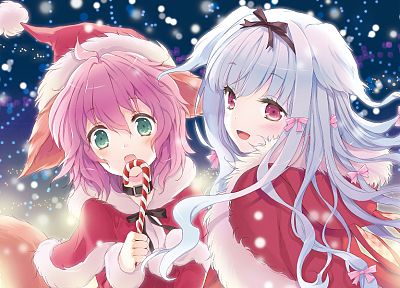 green eyes, pink hair, white hair, Christmas outfits, pink eyes, anime girls, Cuteg (Artist) - desktop wallpaper