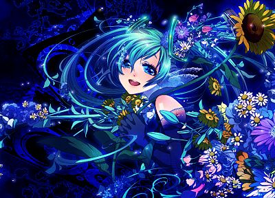 Vocaloid, flowers, Hatsune Miku, twintails, anime - random desktop wallpaper