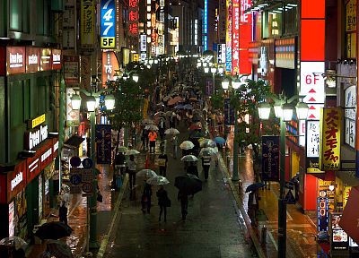 Japan, lights, rain, umbrellas, cities, pedestrians - random desktop wallpaper