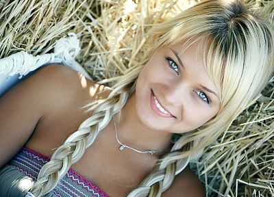 blondes, women, teen, hay, pigtails, smiling, Lada D - desktop wallpaper