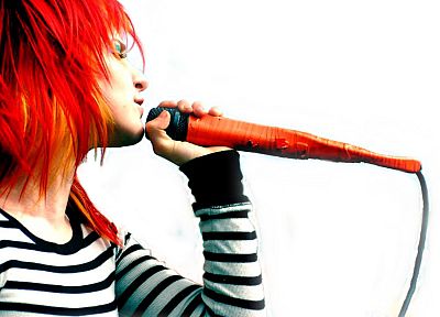 Hayley Williams, Paramore, redheads, celebrity, microphones, white background, striped clothing - random desktop wallpaper