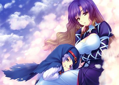 clouds, Touhou, long hair, purple hair, anime, Hijiri Byakuren, Sayori Neko Works, Kumoi Ichirin, bicolored hair - random desktop wallpaper