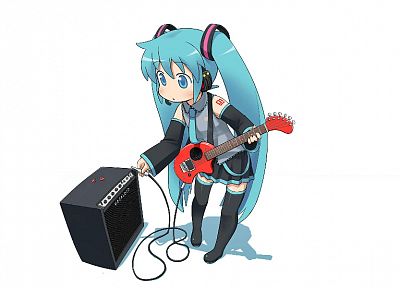 Vocaloid, Hatsune Miku, pigtails, guitars, twintails, anime, simple background, anime girls, detached sleeves, white background - related desktop wallpaper