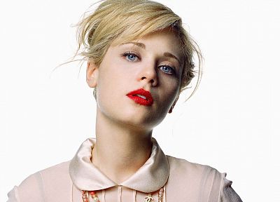 blondes, women, blue eyes, Zooey Deschanel, white background - duplicate desktop wallpaper