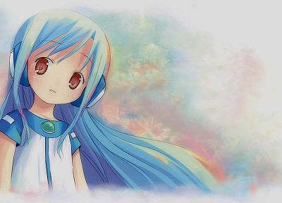 headphones, flowers, long hair, blue hair, red eyes, Kowarekake no Orgel, hazel eyes, simple background, anime girls - random desktop wallpaper