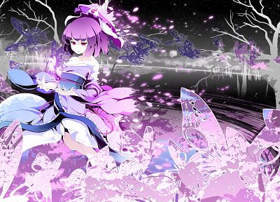 video games, Touhou, short hair, purple eyes, Saigyouji Yuyuko, Japanese clothes, Asakura Masatoki, butterflies - desktop wallpaper