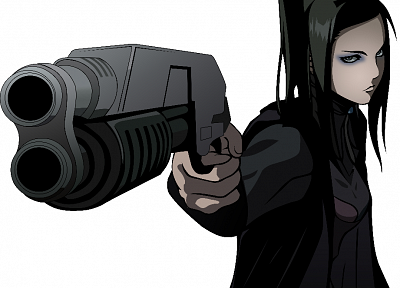 guns, Ergo Proxy, weapons, Re-l Mayer, simple background, black hair - desktop wallpaper