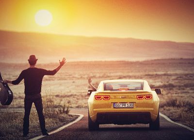 sunset, cars, Chevrolet Camaro - desktop wallpaper