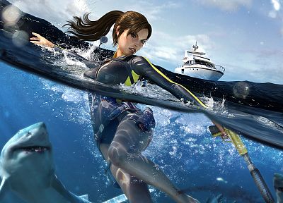 ships, Lara Croft, sharks, vehicles - random desktop wallpaper