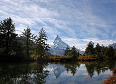 mountains, clouds, landscapes, trees, rivers, Matterhorn - random desktop wallpaper
