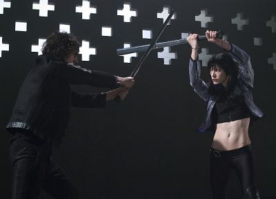 actress, Ultraviolet, Milla Jovovich, swords - desktop wallpaper
