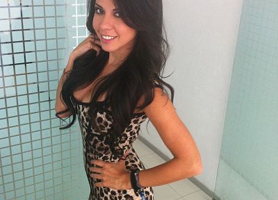 brunettes, women, dress, brown eyes, leopard print, Jimena Sanchez - desktop wallpaper