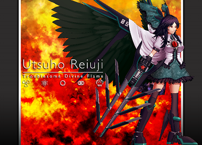Touhou, wings, skirts, weapons, mechanical, thigh highs, cannons, capes, Reiuji Utsuho, anime girls - random desktop wallpaper