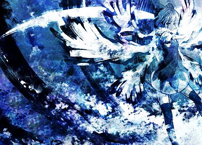 blue, Touhou, wings, Cirno, ribbons, thigh highs, anime girls - random desktop wallpaper