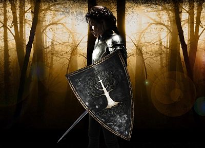 fantasy, Kristen Stewart, trees, forests, actress, promotional, armor, shield, braids, swords, Snow White and the Huntsman - related desktop wallpaper