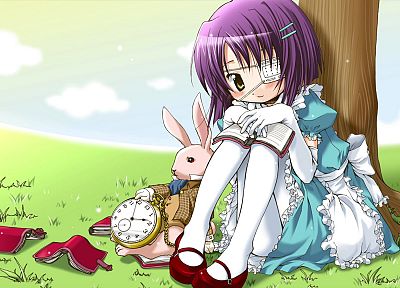 bunnies, Alice in Wonderland, clocks, eyepatch, wonder, purple hair, short hair, yellow eyes, lolita fashion, anime girls, Clovers - related desktop wallpaper