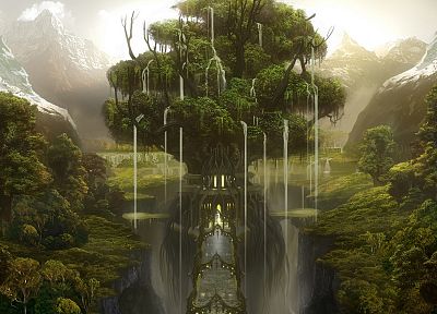 fantasy, nature, trees, fantasy art, waterfalls - desktop wallpaper