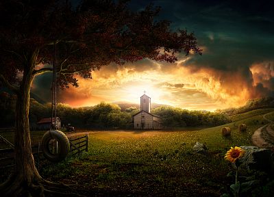 sunset, illustrations, churches, farms - desktop wallpaper