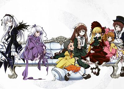 Rozen Maiden, Shinku, Suiseiseki, Suigintou, Souseiseki, Kanaria, anime, Hina Ichigo, simple background, Barasuishou - related desktop wallpaper