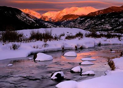 sunrise, mountains, winter, snow, rocks, Colorado, rivers, National Park - related desktop wallpaper