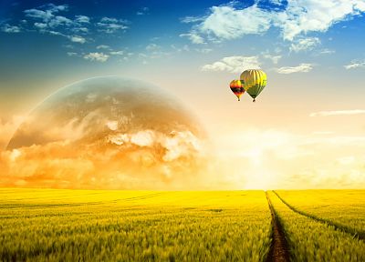 Sun, fields, hot air balloons, countryside - duplicate desktop wallpaper