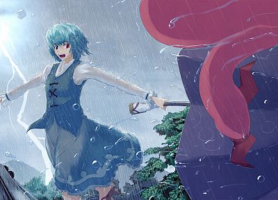 women, Touhou, blue hair, short hair, umbrellas, Tatara Kogasa - related desktop wallpaper