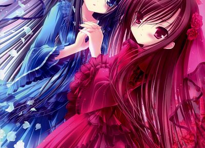 dress, blue eyes, redheads, blue hair, red eyes, tights, lolicon, anime, lolita fashion, flower petals, Tinkle Illustrations, anime girls - desktop wallpaper