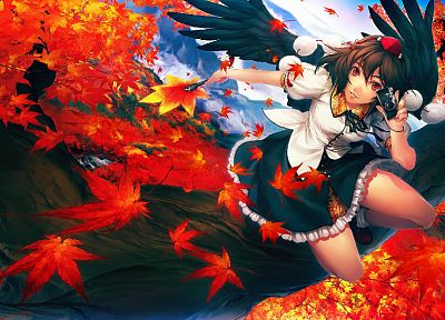 Touhou, wings, dress, leaves, cameras, red eyes, Shameimaru Aya, anime girls, tengu, Simoshi (Artist) - random desktop wallpaper