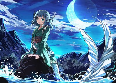 water, Touhou, Moon, Japanese clothes, Wakasagihime - desktop wallpaper