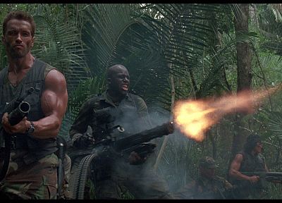 guns, jungle, predator, Arnold Schwarzenegger - duplicate desktop wallpaper