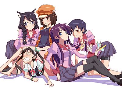 Bakemonogatari, Sengoku Nadeko, Hanekawa Tsubasa, Hachikuji Mayoi, Senjougahara Hitagi, anime girls, white background, Kanbaru Suruga - desktop wallpaper