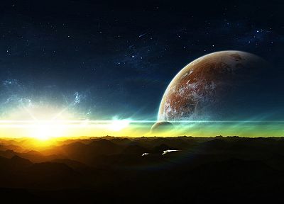 sunset, outer space, stars, planets, spaceships - related desktop wallpaper