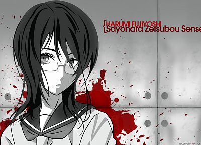 Sayonara Zetsubou Sensei, blood, school uniforms, glasses, monochrome, meganekko, Fujiyoshi Harumi, anime girls, sailor uniforms - related desktop wallpaper