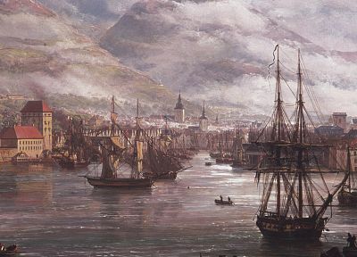 artwork, Johan Christian Dahl, View of Bergen from the Water - random desktop wallpaper
