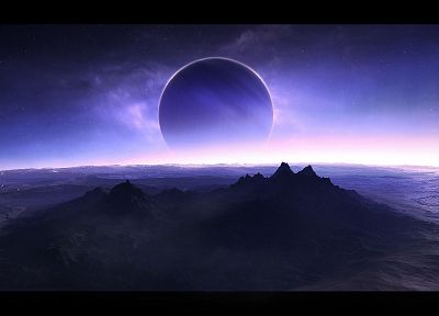 mountains, outer space, stars, planets, purple, wastelands, science fiction - related desktop wallpaper