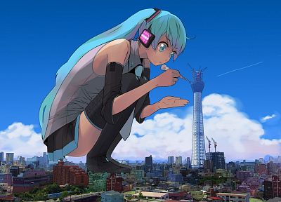 headphones, Vocaloid, Hatsune Miku, giant, towns, thigh highs, detached sleeves, cities, skies, bare shoulders - random desktop wallpaper