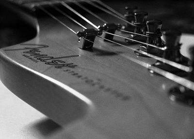 Fender, grayscale, guitars, monochrome, macro, Fender Stratocaster - desktop wallpaper
