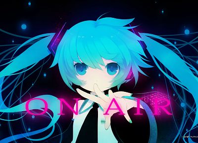 Vocaloid, Hatsune Miku, text, tie, long hair, glowing, twintails, aqua eyes, aqua hair, simple background, anime girls, detached sleeves, black background, hair ornaments, bangs, bare shoulders - related desktop wallpaper