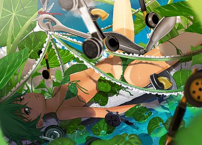 leaves, shower, Pixiv, green eyes, green hair, anime girls - desktop wallpaper