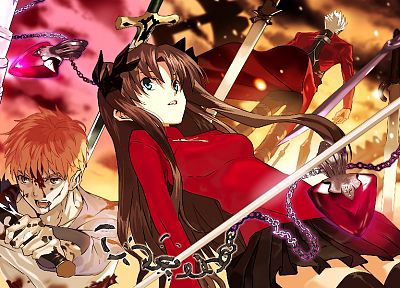 Fate/Stay Night, Tohsaka Rin, blood, skirts, weapons, Emiya Shirou, Type-Moon, chains, blades, anime girls, swords, Archer (Fate/Stay Night), Fate series - related desktop wallpaper