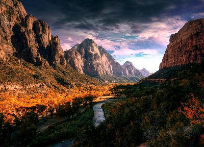 mountains, clouds, landscapes, nature, trees, HDR photography, rivers - related desktop wallpaper