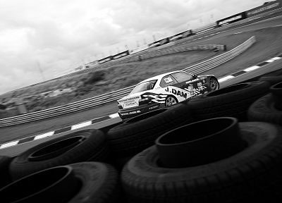 cars, monochrome, car tires, greyscale, race tracks - desktop wallpaper