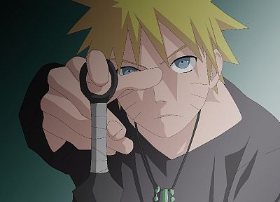 blondes, blue eyes, Naruto: Shippuden, kunai, necklaces, Uzumaki Naruto, pointing, whiskers, black shirt, thumb - random desktop wallpaper