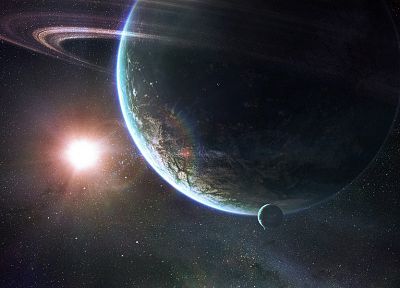 outer space, stars, planets, Moon, rings - desktop wallpaper