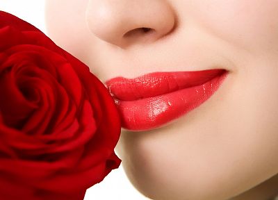 women, lips, roses - desktop wallpaper