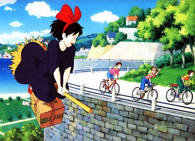 water, trees, bicycles, grass, houses, fields, Studio Ghibli, witches, hair bow, Kiki's Delivery Service, broomsticks, beaches, Kiki (Kiki's Delivery Service) - related desktop wallpaper