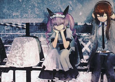 headphones, redheads, pink hair, sitting, anime, Steins;Gate, Makise Kurisu, anime girls, Akiha Rumiho - desktop wallpaper