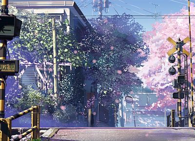cherry blossoms, Makoto Shinkai, scenic, 5 Centimeters Per Second, railroad crossing - related desktop wallpaper